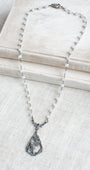 Victorian Bird and Butterfly Antique Silvertone Pendant on a Moonstone Gunmetal Rosary Chain Necklace