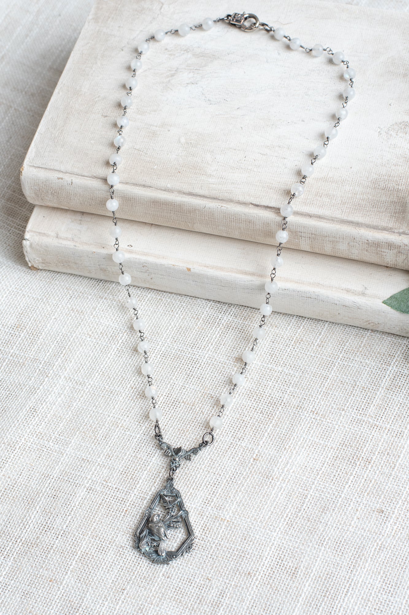 Victorian Bird and Butterfly Antique Silvertone Pendant on a Moonstone Gunmetal Rosary Chain Necklace