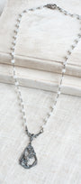 Victorian Bird and Butterfly Antique Silvertone Pendant on a Moonstone Gunmetal Rosary Chain Necklace
