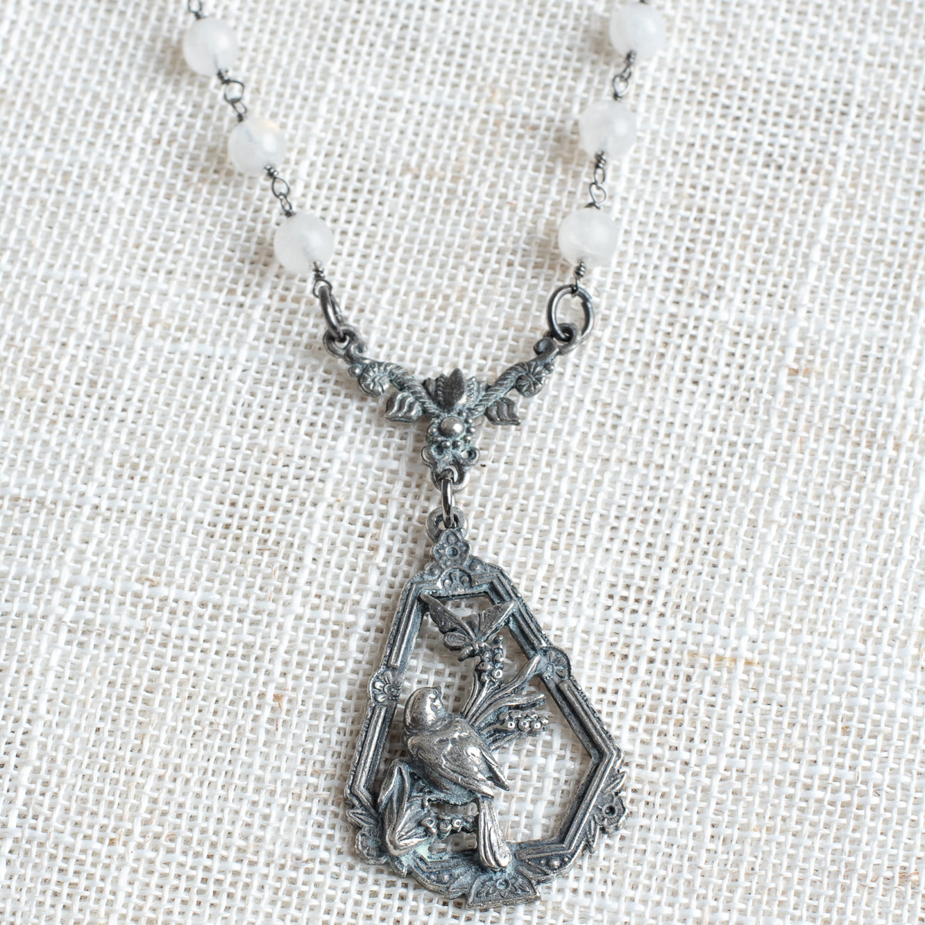 Victorian Bird, Butterfly & Moonstone Rosary Chain Necklace
