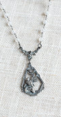 Victorian Bird and Butterfly Antique Silvertone Pendant on a Moonstone Gunmetal Rosary Chain Necklace