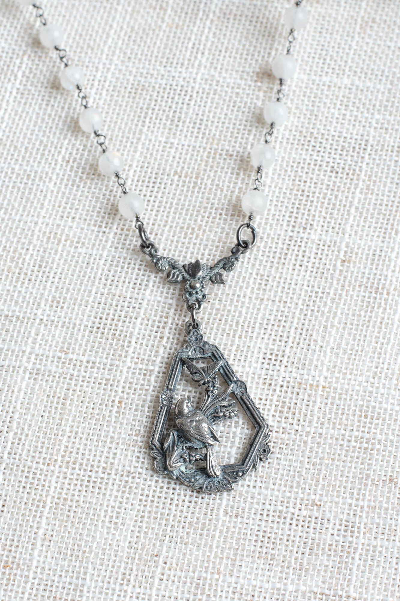 Victorian Bird and Butterfly Antique Silvertone Pendant on a Moonstone Gunmetal Rosary Chain Necklace