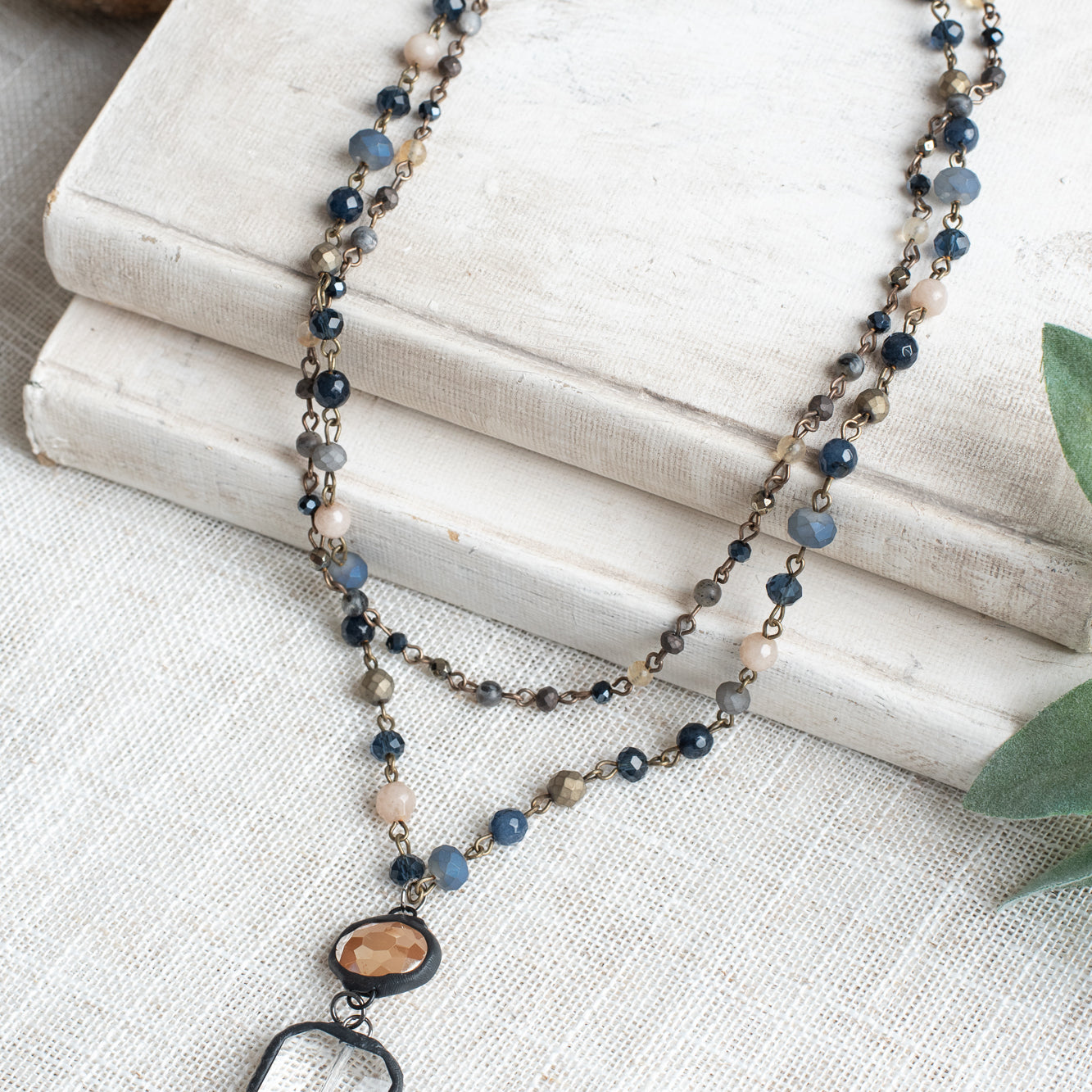 Double Layer Chain and Crystal Necklace with an Eyecatching Rectangle and Round Crystal Pendant