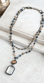 Double Layer Chain and Crystal Necklace with an Eyecatching Rectangle and Round Crystal Pendant