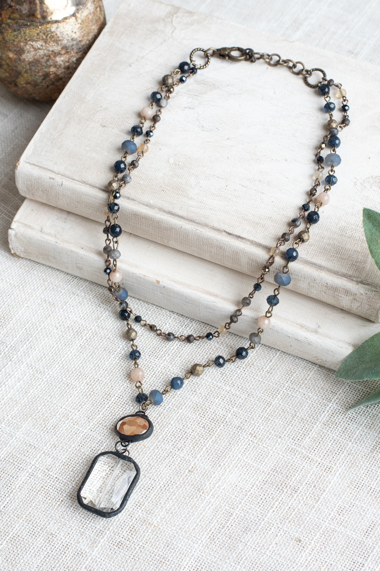 Double Layer Chain and Crystal Necklace with an Eyecatching Rectangle and Round Crystal Pendant