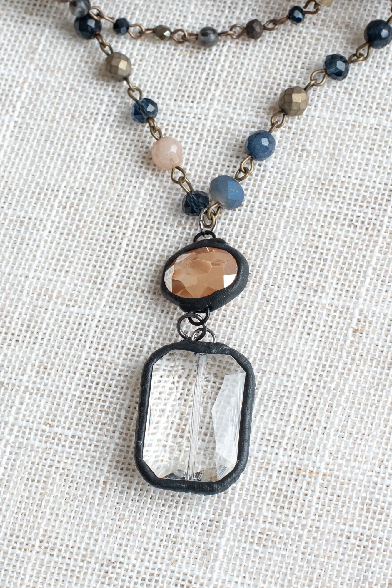 Double Layer Chain and Crystal Necklace with an Eyecatching Rectangle and Round Crystal Pendant