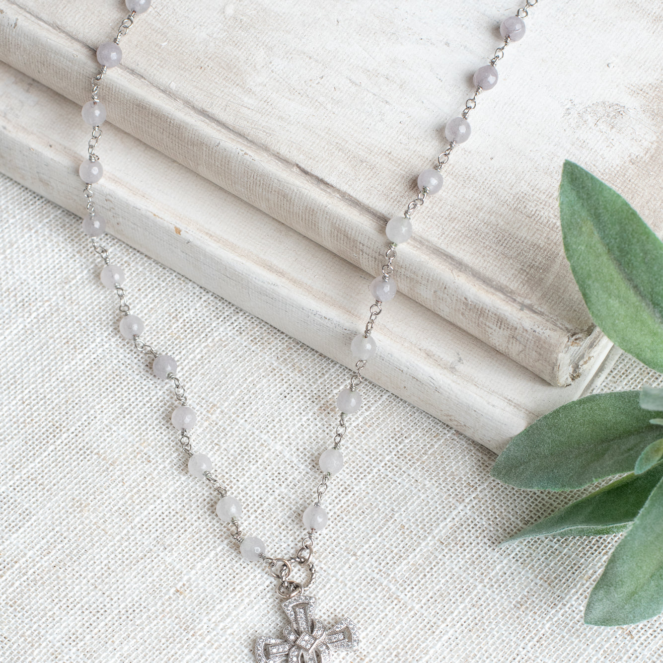 Vintage Style Gray Quartz Rosary Bead Necklace with a Sterling Silver Swirled Cross in Pave Crystal Stones