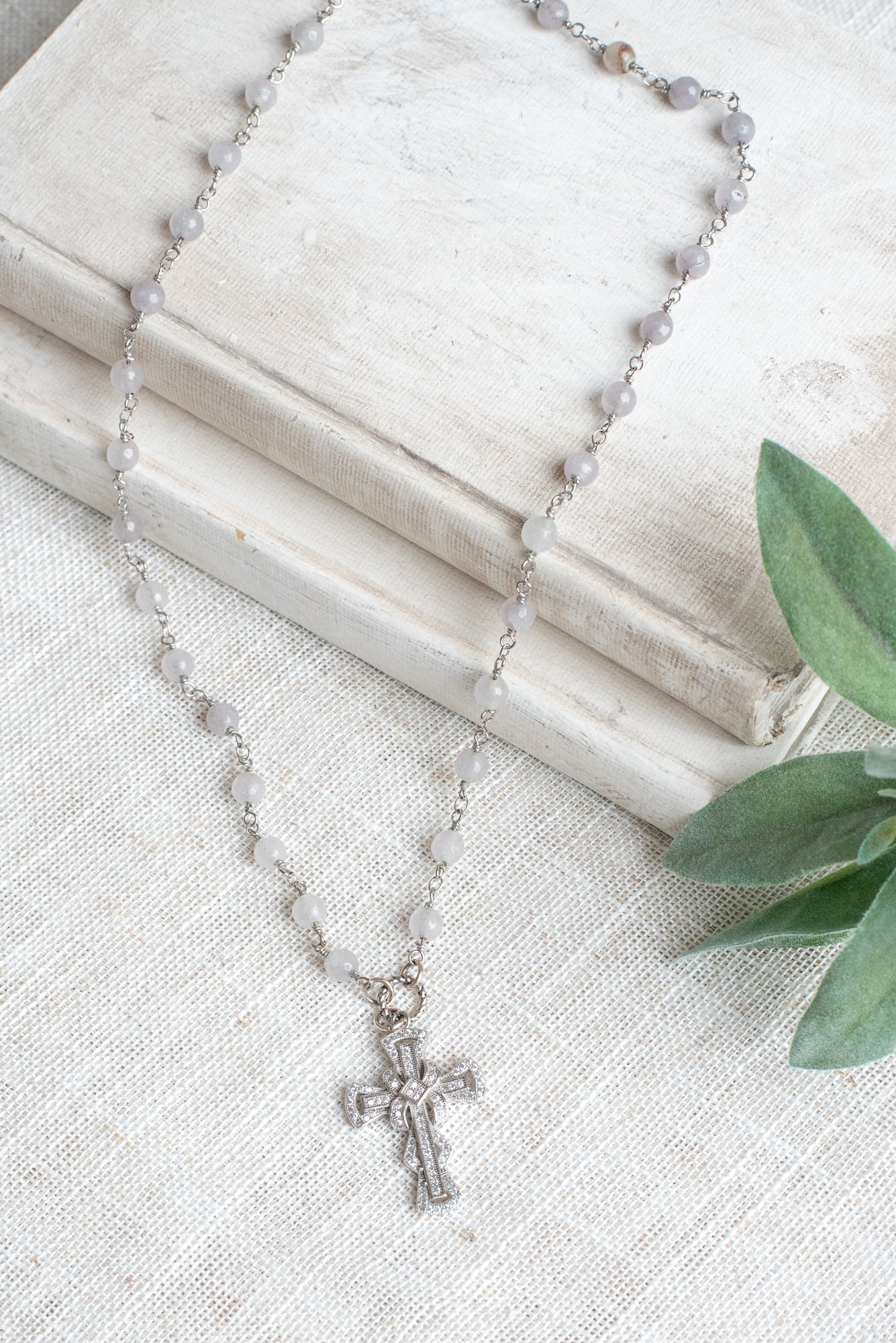 Vintage Style Gray Quartz Rosary Bead Necklace with a Sterling Silver Swirled Cross in Pave Crystal Stones