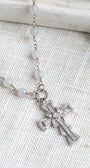 Vintage Style Gray Quartz Rosary Bead Necklace with a Sterling Silver Swirled Cross in Pave Crystal Stones