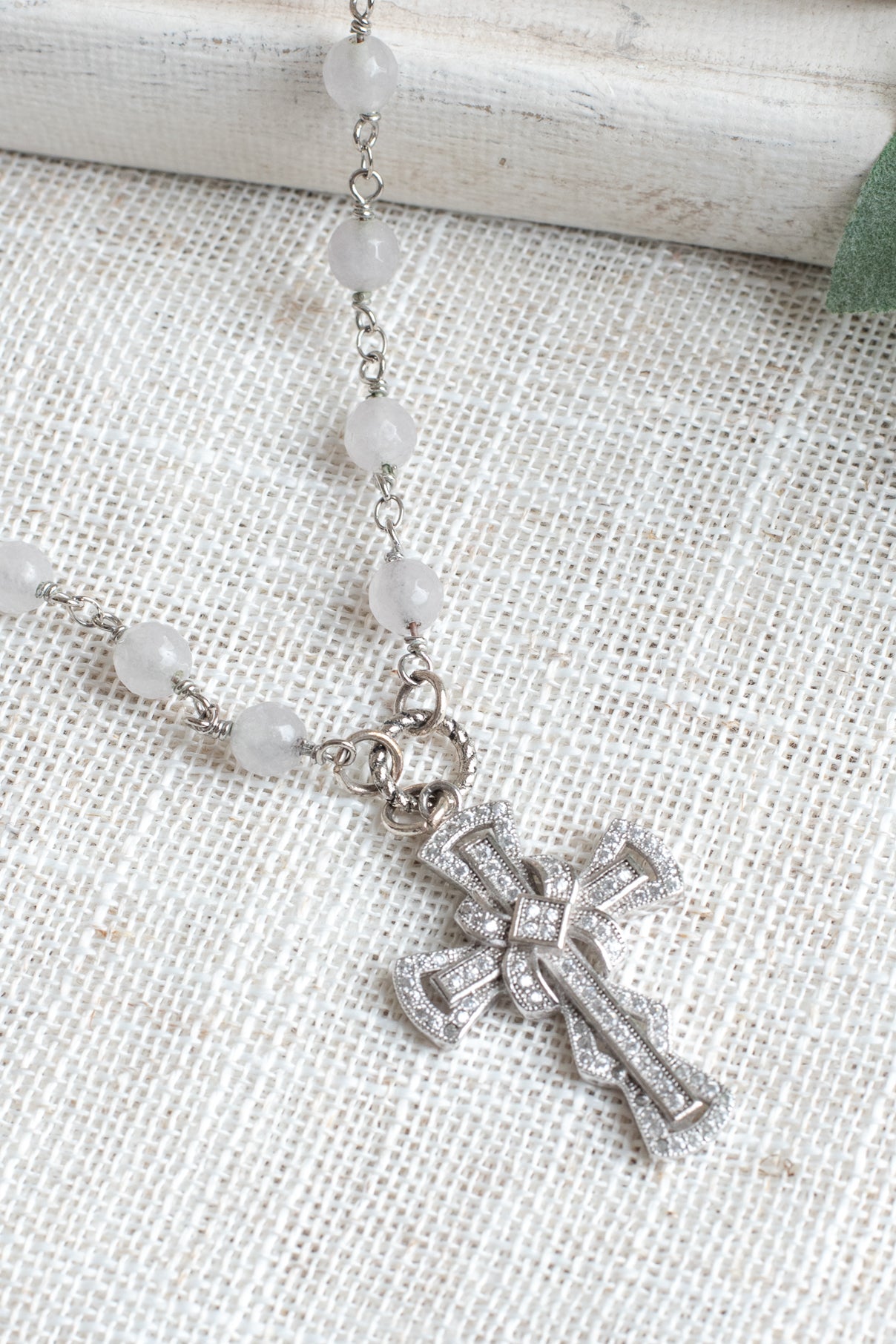 Vintage Style Gray Quartz Rosary Bead Necklace with a Sterling Silver Swirled Cross in Pave Crystal Stones