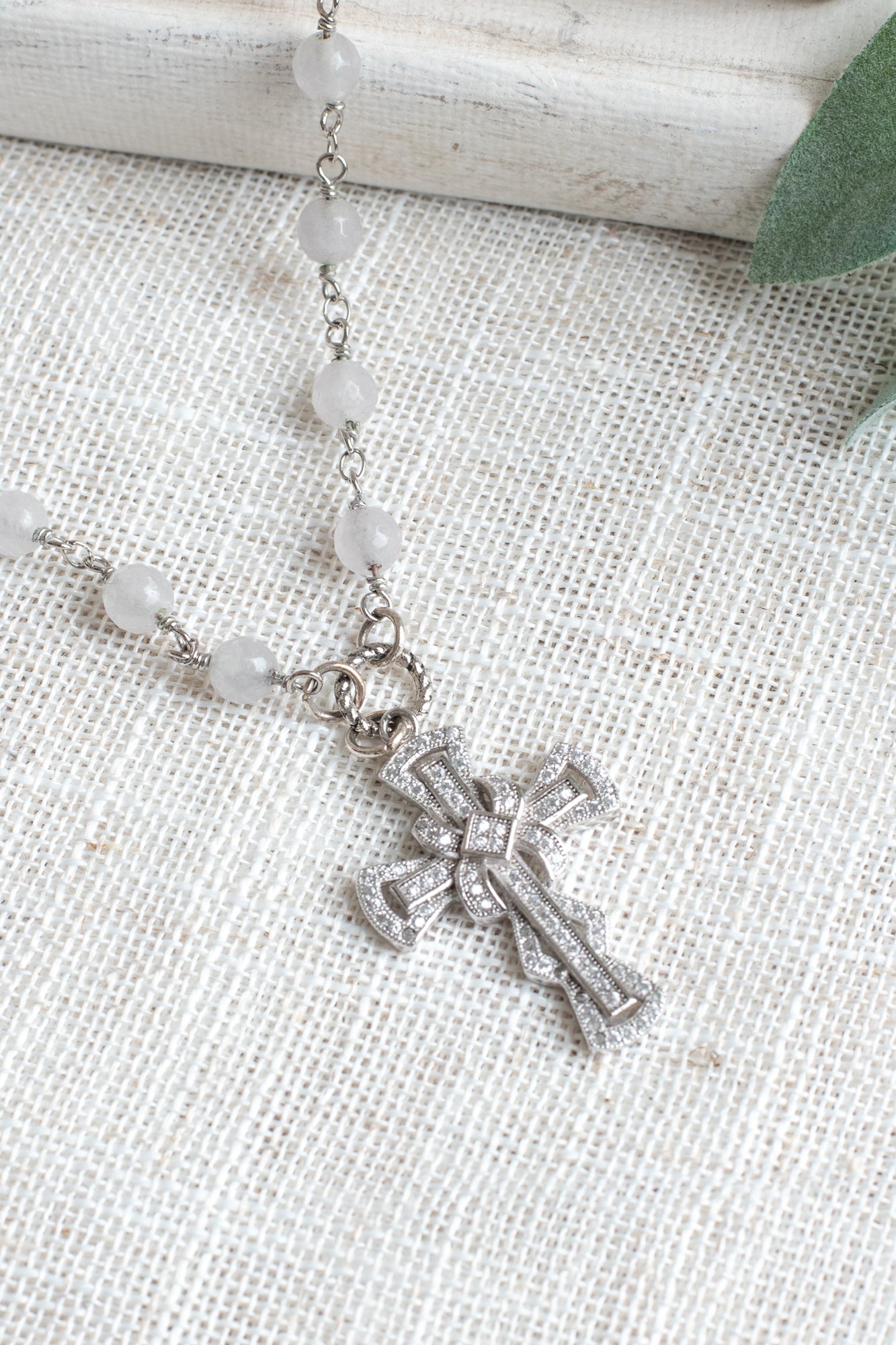 Vintage Style Gray Quartz Rosary Bead Necklace with a Sterling Silver Swirled Cross in Pave Crystal Stones