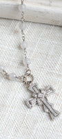 Rhodium-Plated Sterling Silver Pavé Crystal Swirl & Halo Cross Necklace