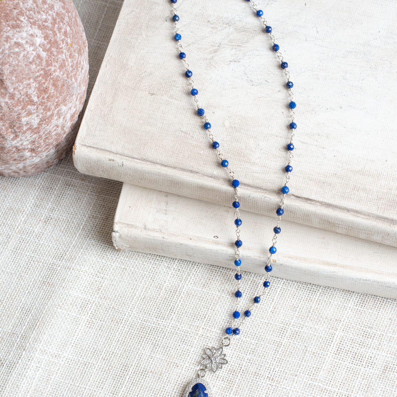 Blue Lapis Micro Pave Halo Pendant on Blue Lapis and Sterling Silver Rosary Bead Necklace