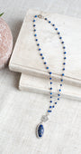 Blue Lapis Micro Pave Halo Pendant on Blue Lapis and Sterling Silver Rosary Bead Necklace