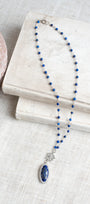 Blue Lapis Micro Pave Halo Pendant on Blue Lapis and Sterling Silver Rosary Bead Necklace