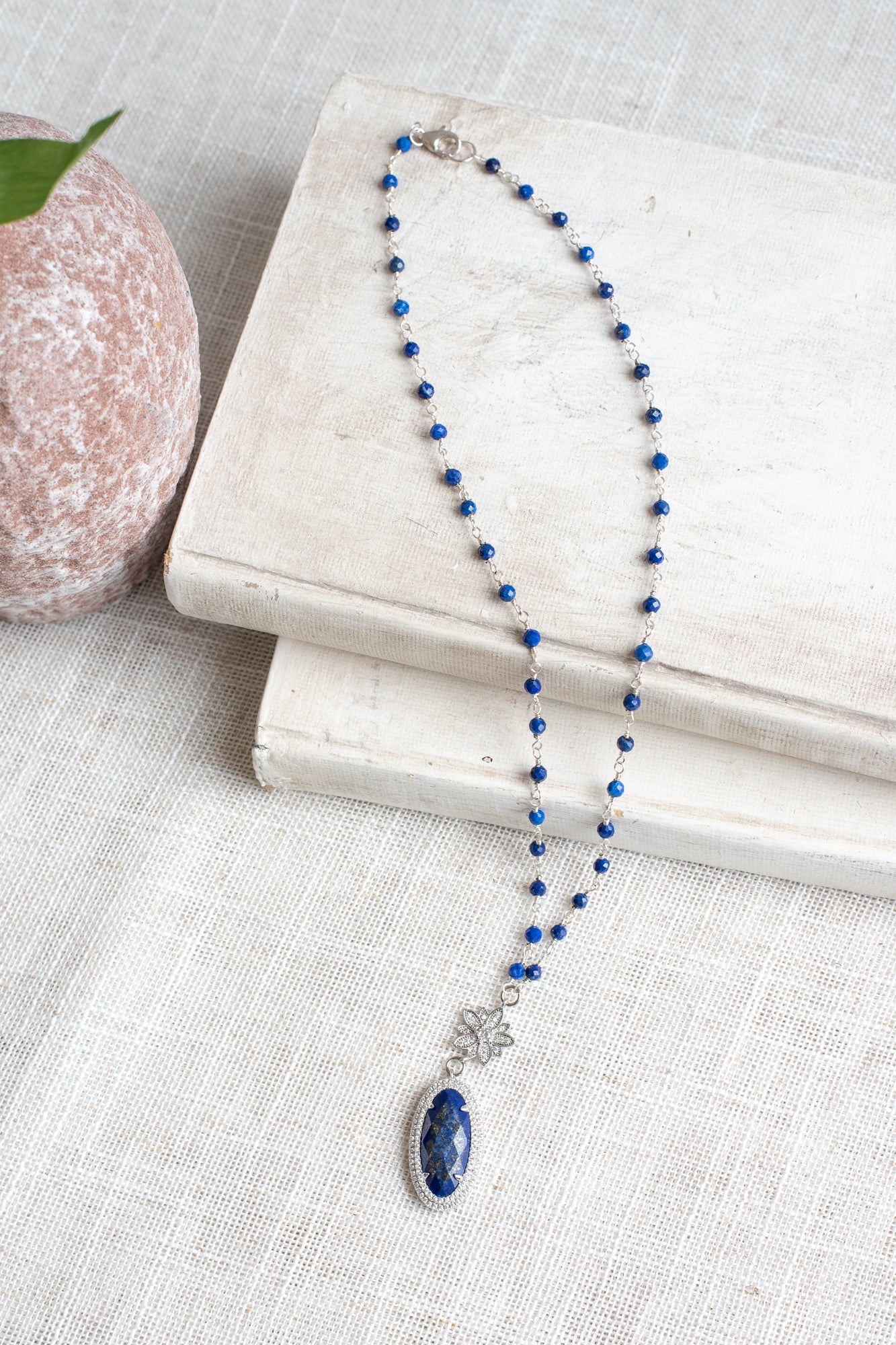 Blue Lapis Micro Pave Halo Pendant on Blue Lapis and Sterling Silver Rosary Bead Necklace