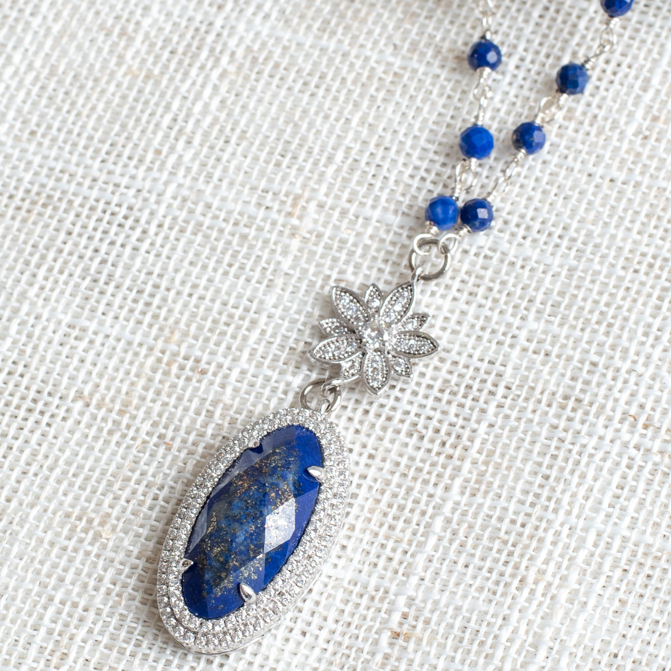 Blue Lapis & Double Pavé Crystal Halo Sterling Silver Necklace