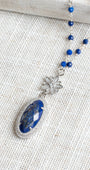Blue Lapis Micro Pave Halo Pendant on Blue Lapis and Sterling Silver Rosary Bead Necklace