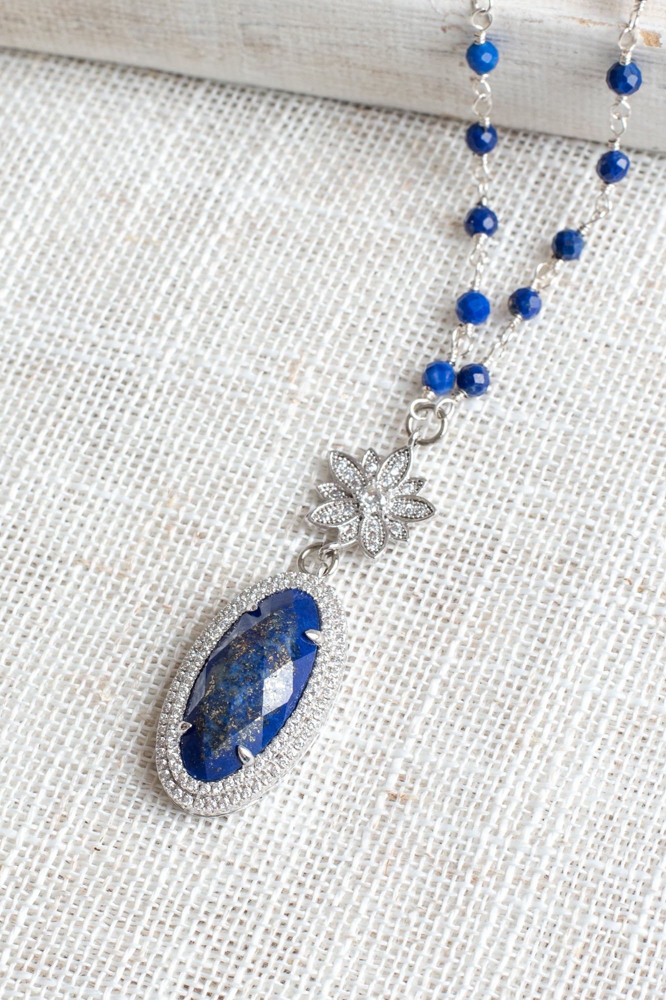 Blue Lapis Micro Pave Halo Pendant on Blue Lapis and Sterling Silver Rosary Bead Necklace
