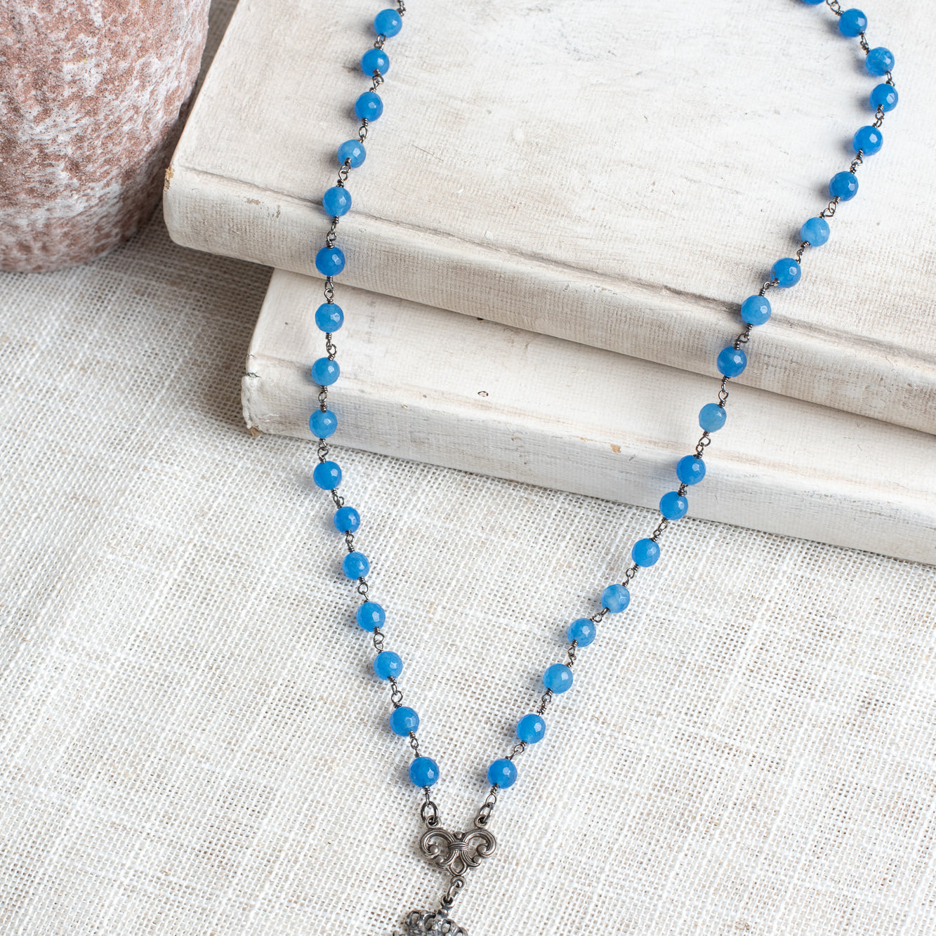 Vintage Style Ornate Antique Silver Crown Shield Pendant on Blue Quartz Beaded Rosary Chain Necklace