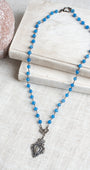 Vintage Style Ornate Antique Silver Crown Shield Pendant on Blue Quartz Beaded Rosary Chain Necklace