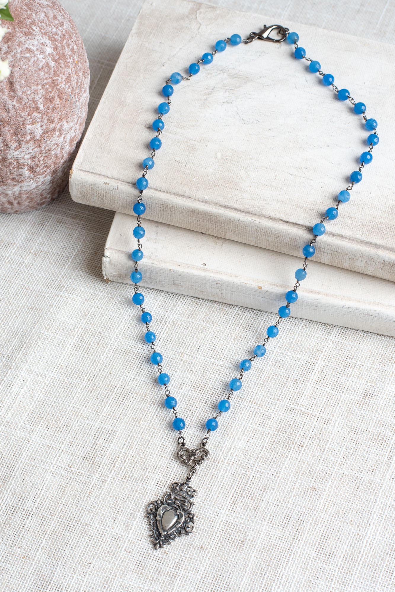 Vintage Style Ornate Antique Silver Crown Shield Pendant on Blue Quartz Beaded Rosary Chain Necklace