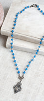 Vintage Style Ornate Antique Silver Crown Shield Pendant on Blue Quartz Beaded Rosary Chain Necklace