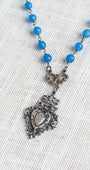 Vintage Style Ornate Antique Silver Crown Shield Pendant on Blue Quartz Beaded Rosary Chain Necklace
