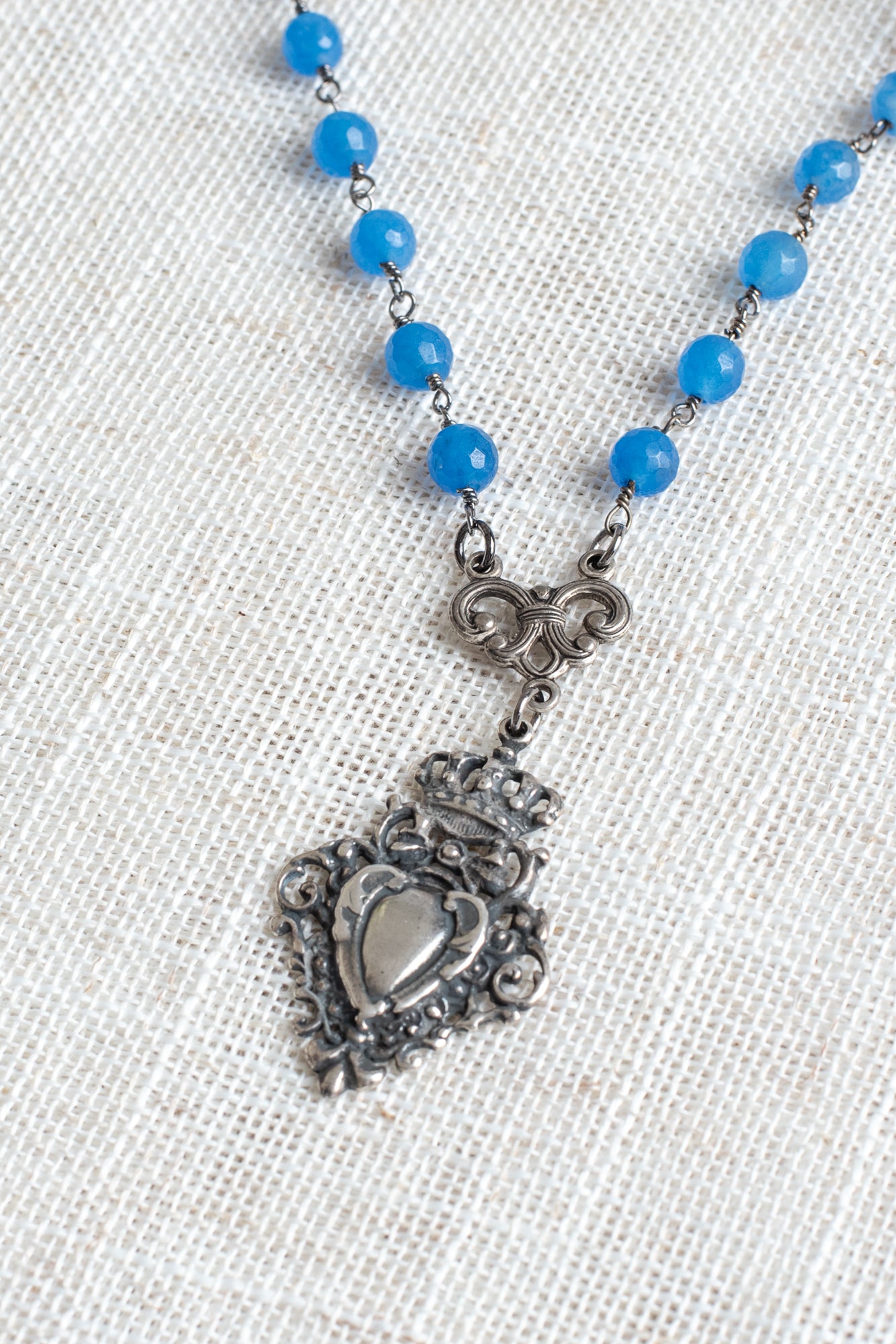 Vintage Style Ornate Antique Silver Crown Shield Pendant on Blue Quartz Beaded Rosary Chain Necklace