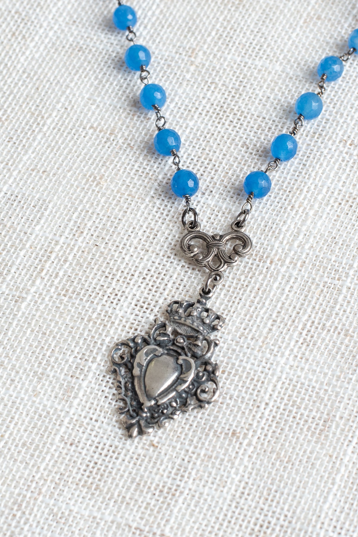 Vintage Style Ornate Antique Silver Crown Shield Pendant on Blue Quartz Beaded Rosary Chain Necklace
