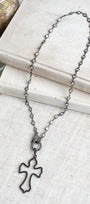 Black Pave Crystal Open Cross on a Hand Soldered Crystal Connector on a Gray AB Crystal Rosary Chain Necklace