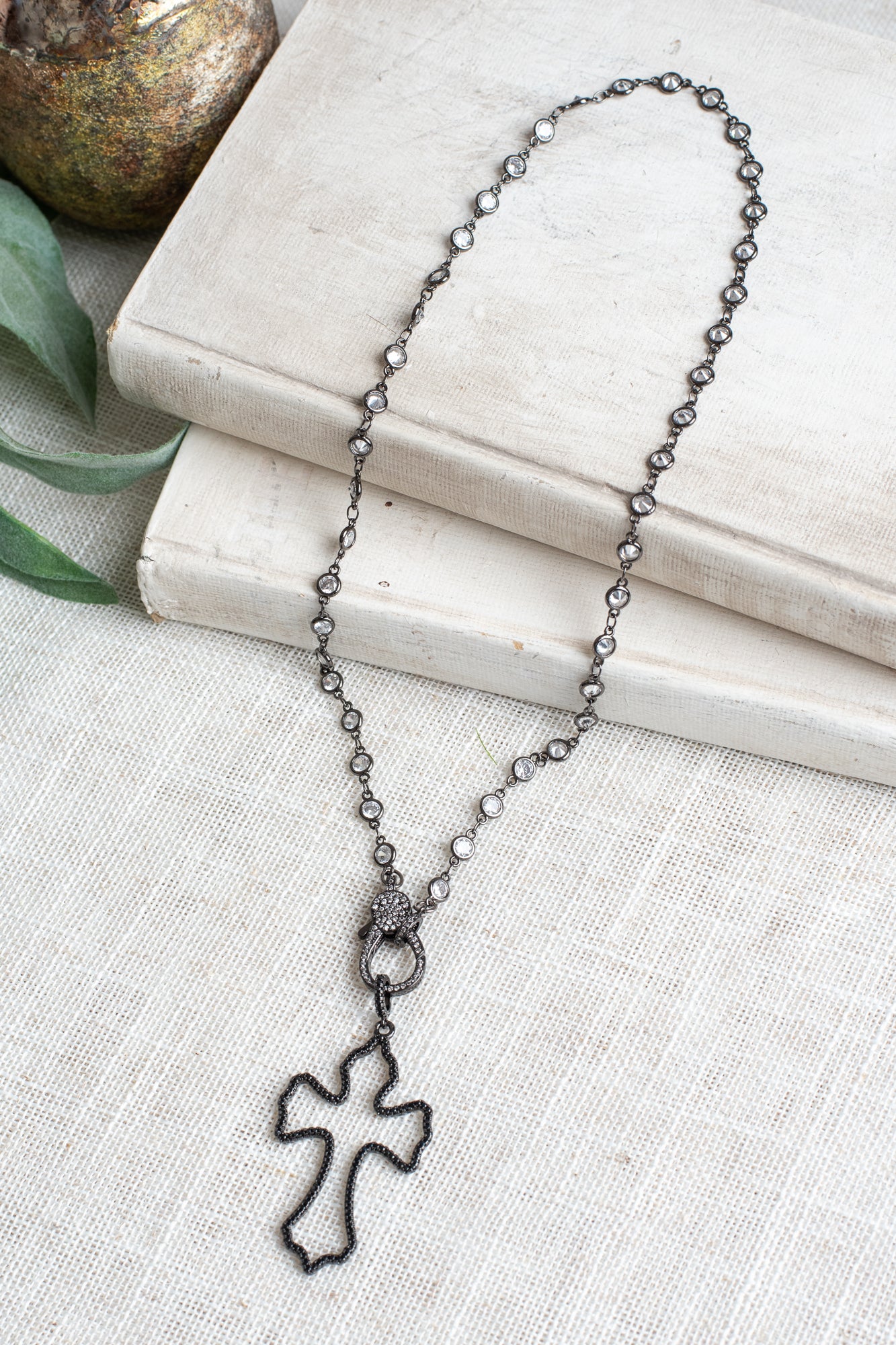 Black Pave Crystal Open Cross on a Hand Soldered Crystal Connector on a Gray AB Crystal Rosary Chain Necklace