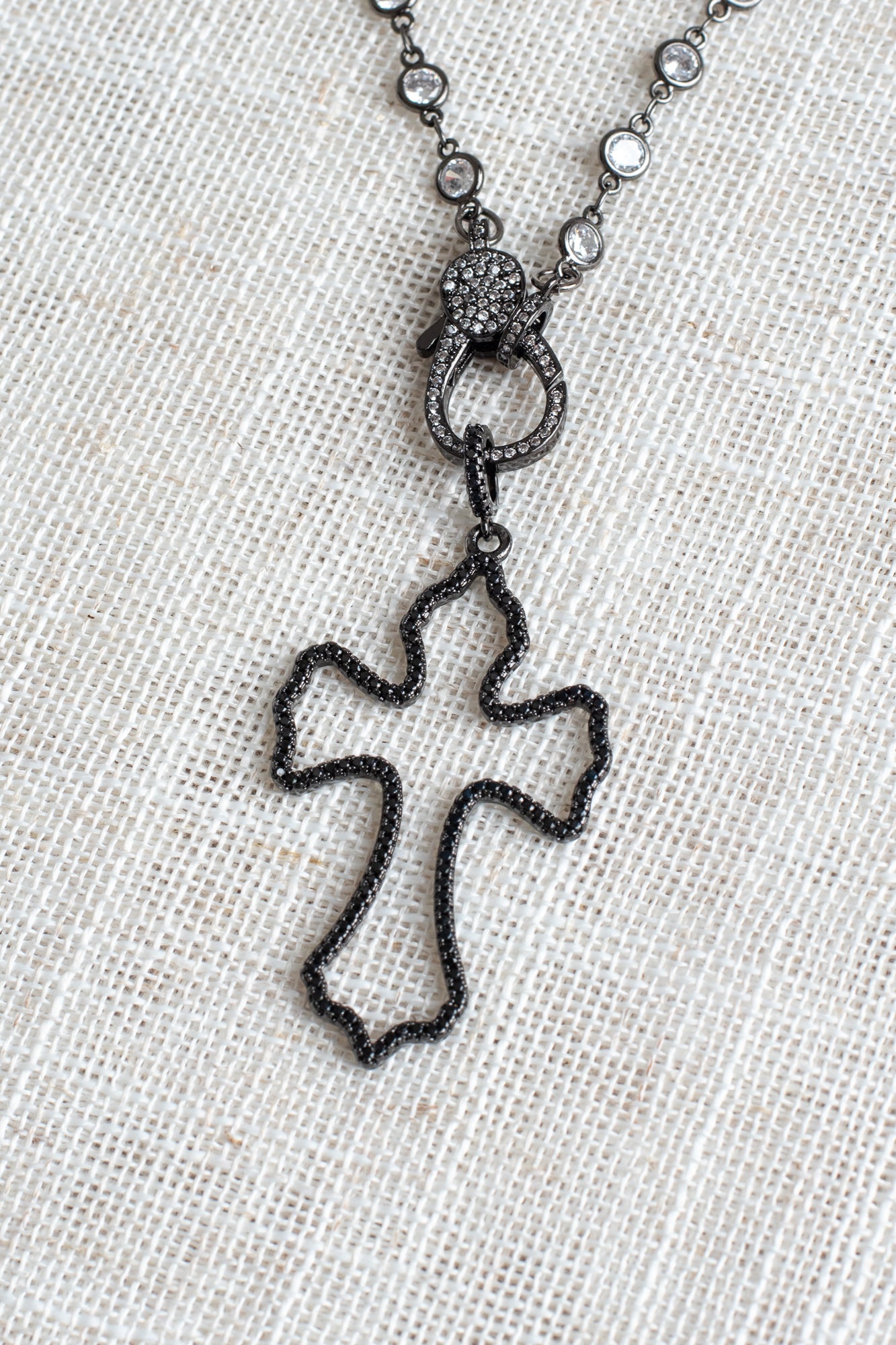 Black Pave Crystal Open Cross on a Hand Soldered Crystal Connector on a Gray AB Crystal Rosary Chain Necklace