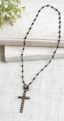 Vintage Style Black Rosary Bead Necklace with Pavé Crystal Clasp and Rhinestone Cross Pendant