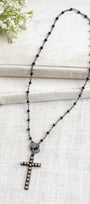 Vintage Style Black Rosary Bead Necklace with Pavé Crystal Clasp and Rhinestone Cross Pendant