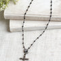 Vintage Style Black Rosary Bead Necklace with Pavé Crystal Clasp and Rhinestone Cross Pendant