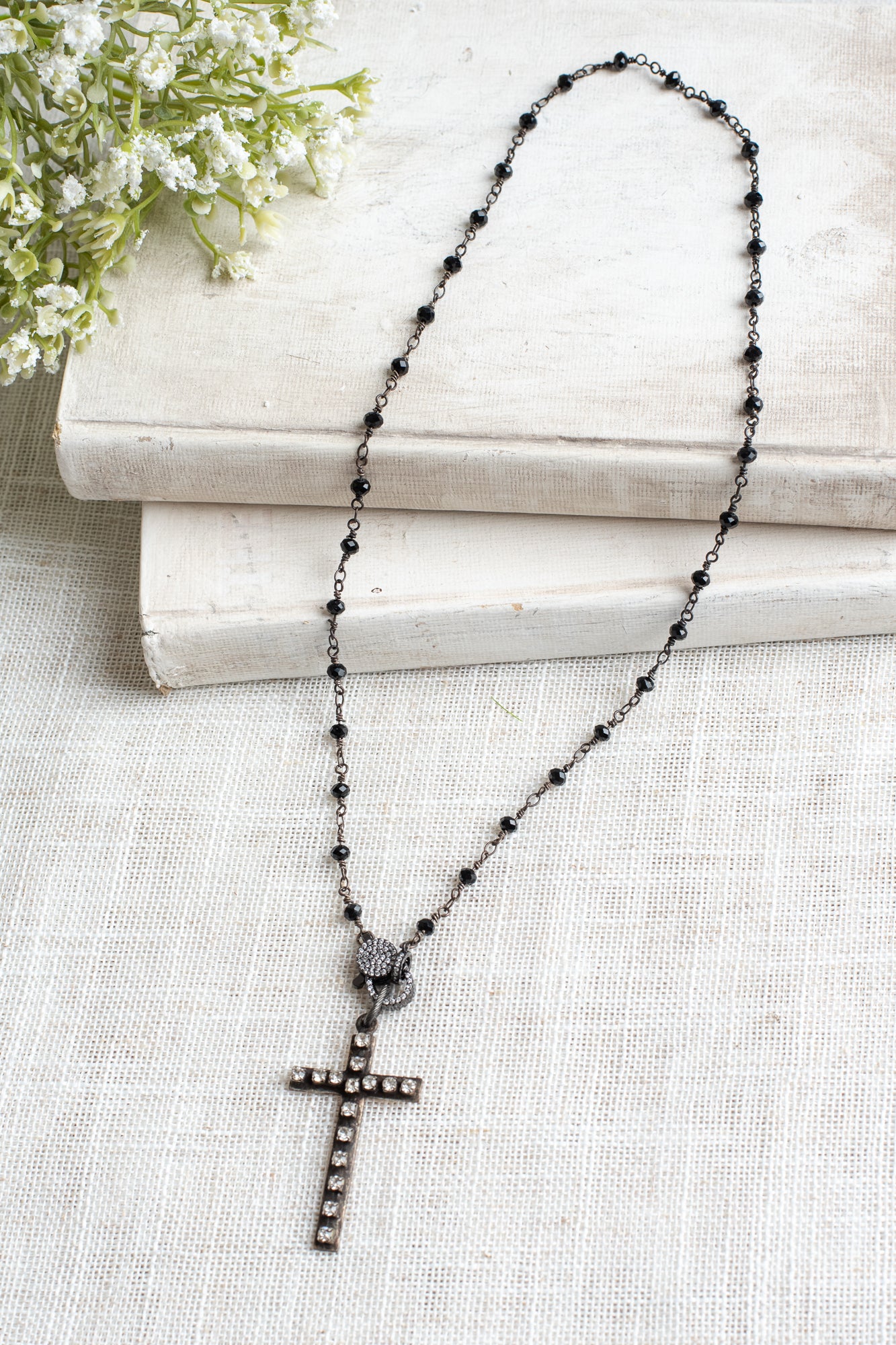 Vintage Style Black Rosary Bead Necklace with Pavé Crystal Clasp and Rhinestone Cross Pendant