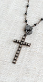 Vintage Style Black Rosary Bead Necklace with Pavé Crystal Clasp and Rhinestone Cross Pendant