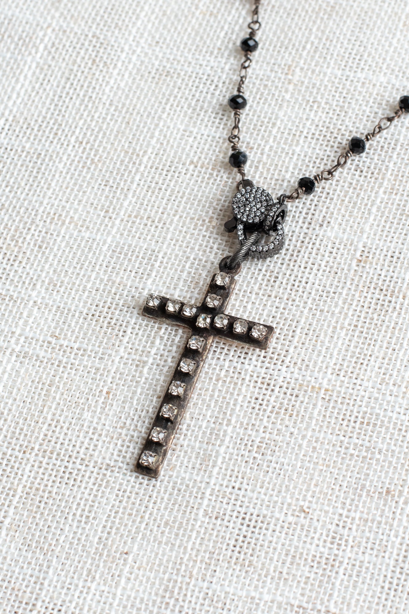 Vintage Style Black Rosary Bead Necklace with Pavé Crystal Clasp and Rhinestone Cross Pendant