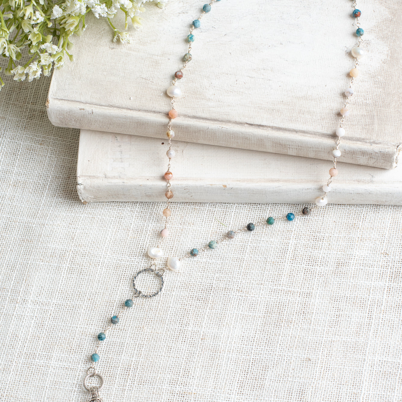 Sterling Silver Balinese Floral Filigree Blue Topaz Cross Pendant on a Y-Shaped Morganite, Pearl and Apatite Gemstone Silver Rosary Chain Necklace