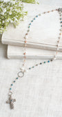 Sterling Silver Balinese Floral Filigree Blue Topaz Cross Pendant on a Y-Shaped Morganite, Pearl and Apatite Gemstone Silver Rosary Chain Necklace