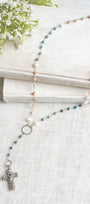 Sterling Silver Balinese Floral Filigree Blue Topaz Cross Pendant on a Y-Shaped Morganite, Pearl and Apatite Gemstone Silver Rosary Chain Necklace