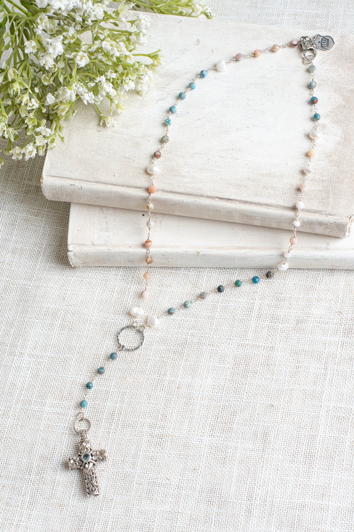 Sterling Silver Balinese Floral Filigree Blue Topaz Cross Pendant on a Y-Shaped Morganite, Pearl and Apatite Gemstone Silver Rosary Chain Necklace