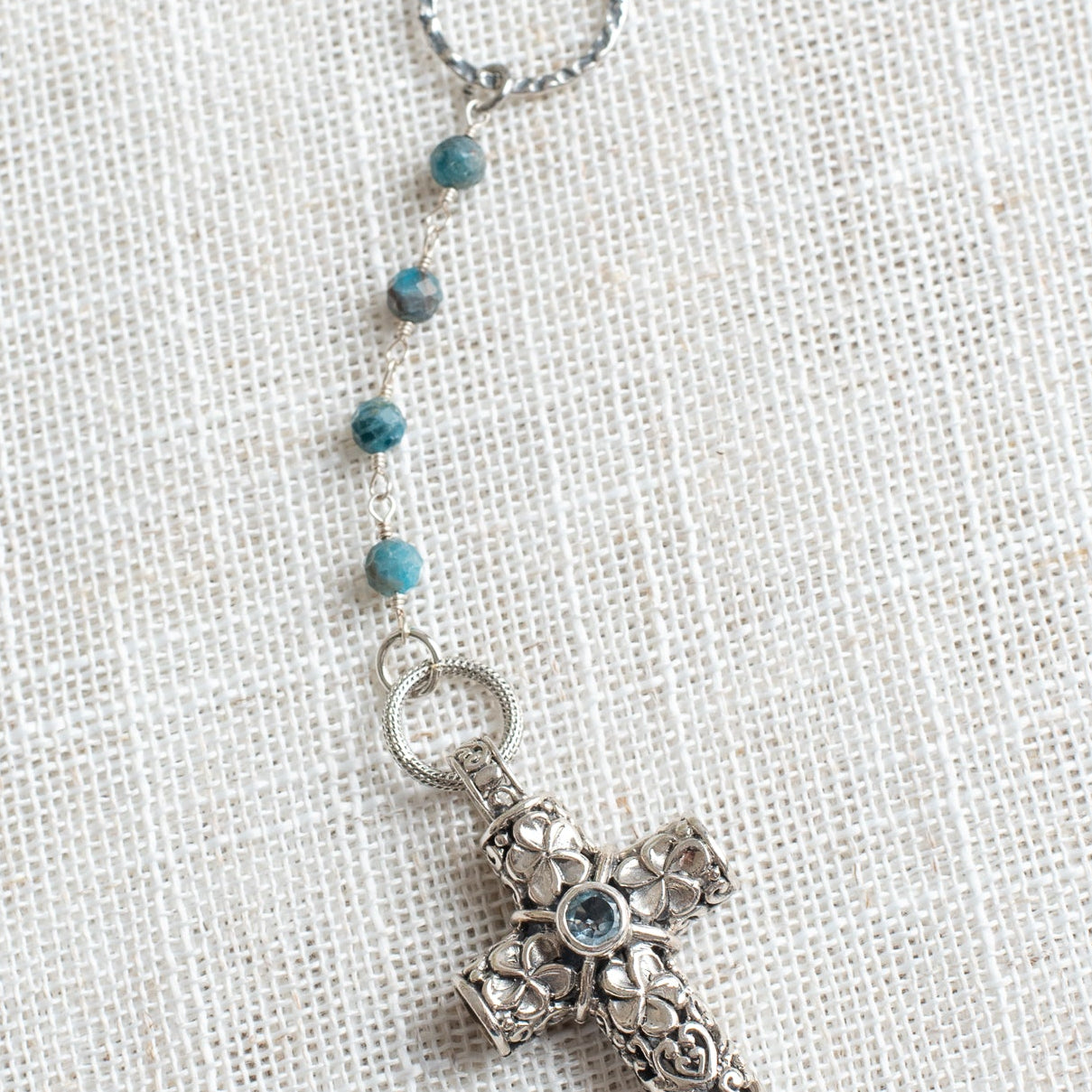 Balinese Sterling Silver Blue Topaz Cross, Morganite & Apatite Y-Necklace