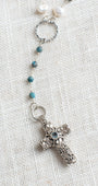 Sterling Silver Balinese Floral Filigree Blue Topaz Cross Pendant on a Y-Shaped Morganite, Pearl and Apatite Gemstone Silver Rosary Chain Necklace