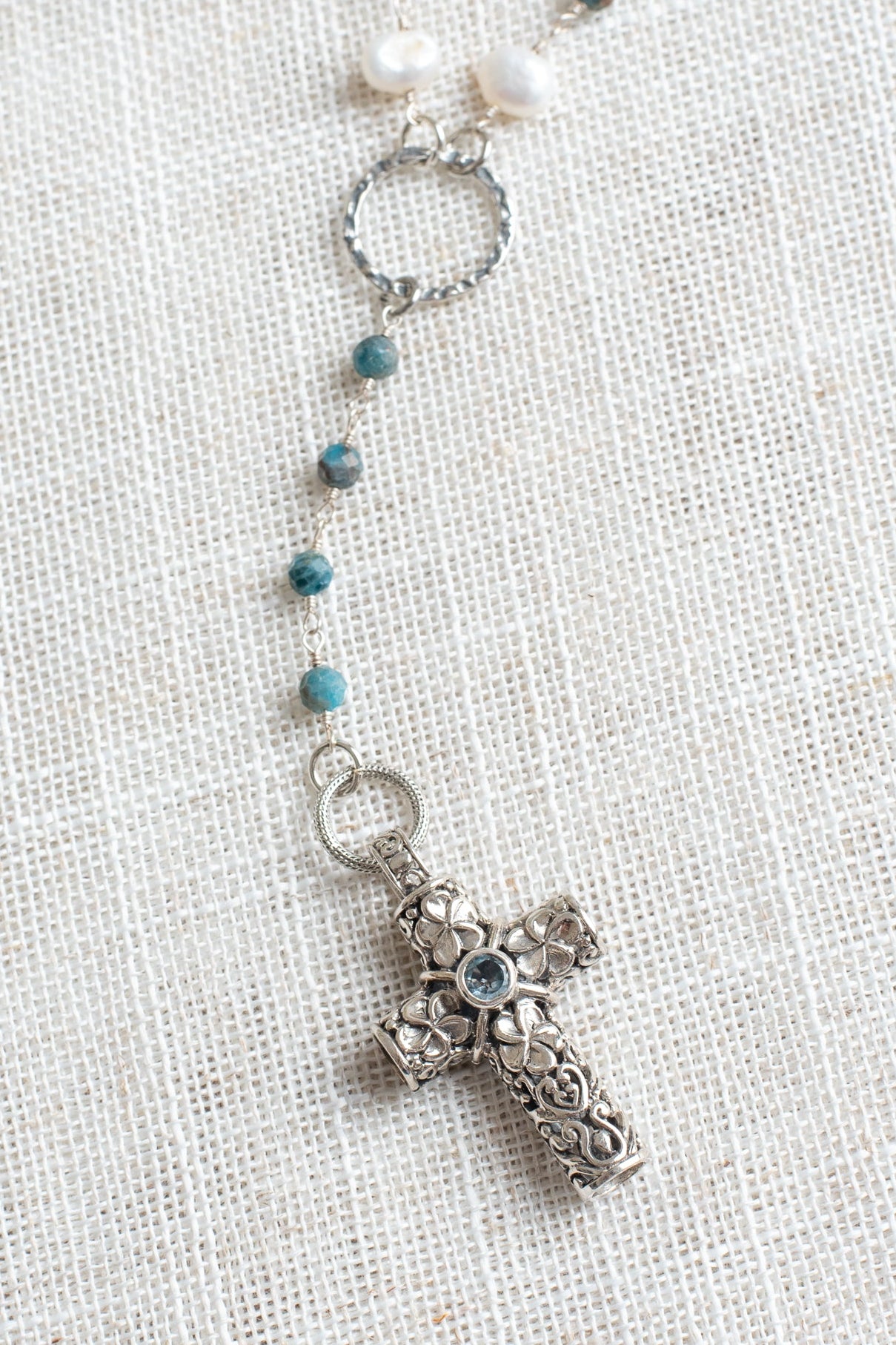 Sterling Silver Balinese Floral Filigree Blue Topaz Cross Pendant on a Y-Shaped Morganite, Pearl and Apatite Gemstone Silver Rosary Chain Necklace