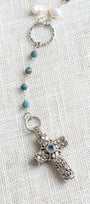 Balinese Sterling Silver Blue Topaz Cross, Morganite & Apatite Y-Necklace
