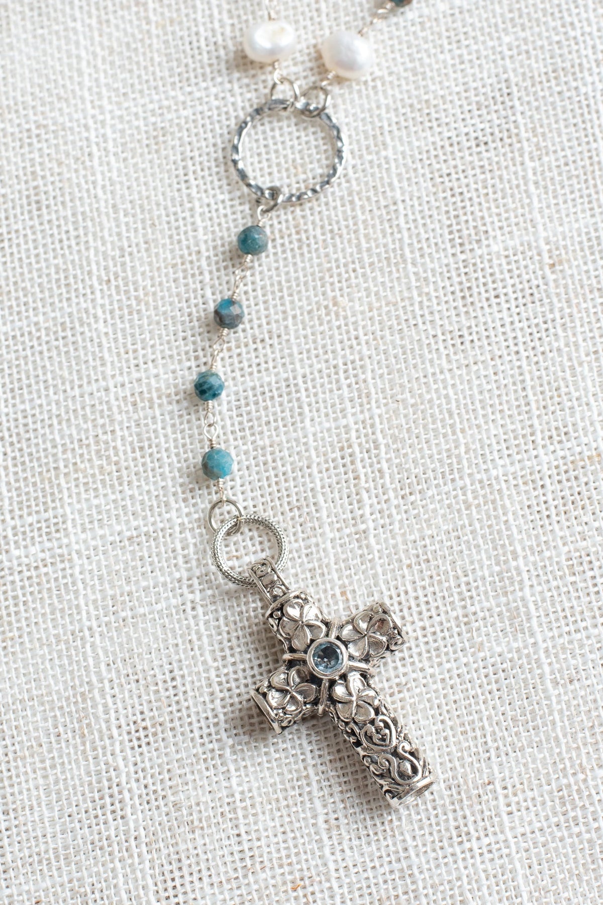 Sterling Silver Balinese Floral Filigree Blue Topaz Cross Pendant on a Y-Shaped Morganite, Pearl and Apatite Gemstone Silver Rosary Chain Necklace