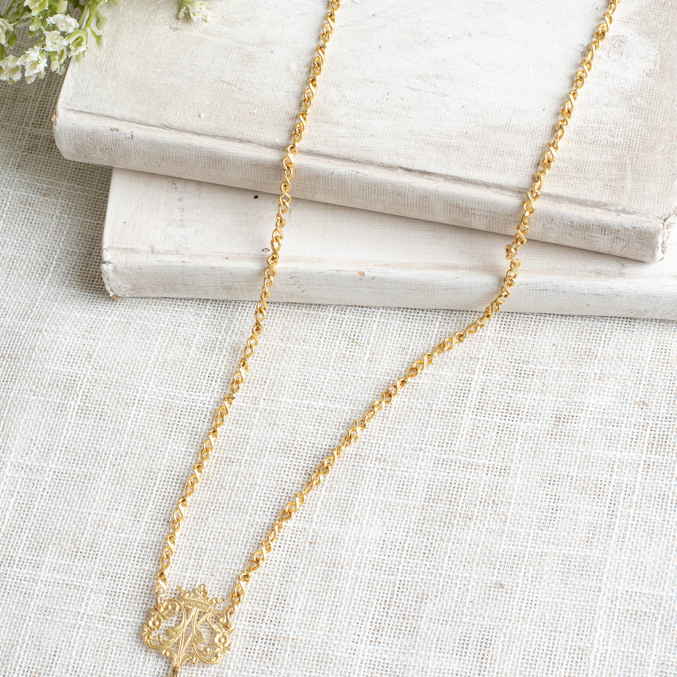 Matte Gold Cross ID Tag Christian Cross Pendant with Filigree Bail on Matte Gold Chain Necklace