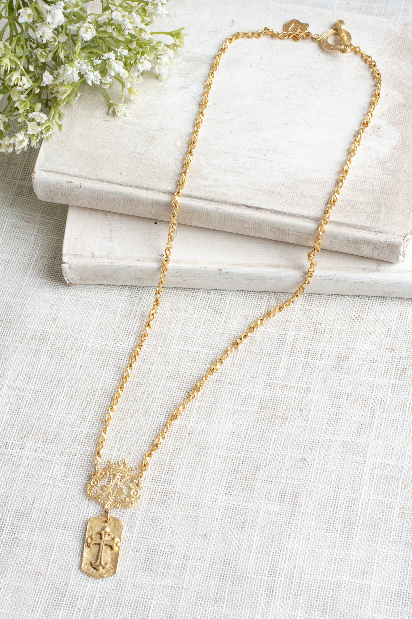 Matte Gold Cross ID Tag Christian Cross Pendant with Filigree Bail on Matte Gold Chain Necklace